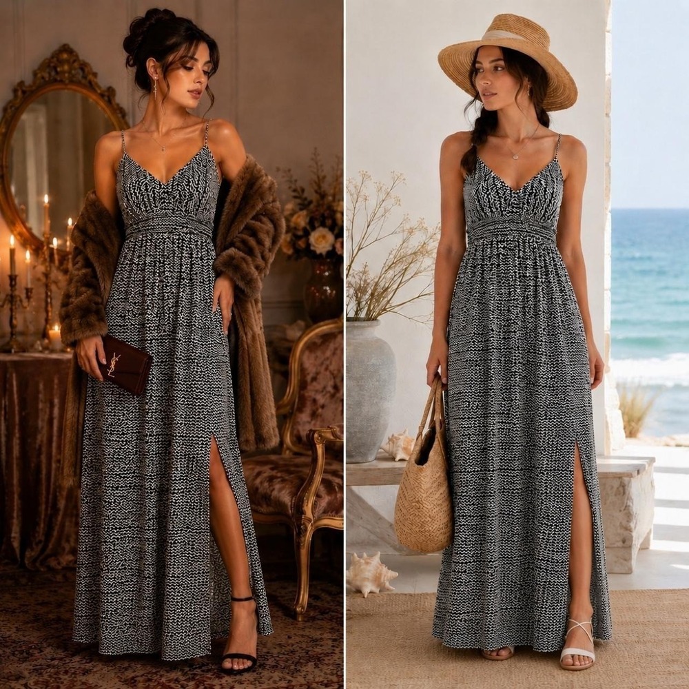 860 Black White Maxi Dress L Geometric Sleeveless Boho USA Beachy Coastal Travel